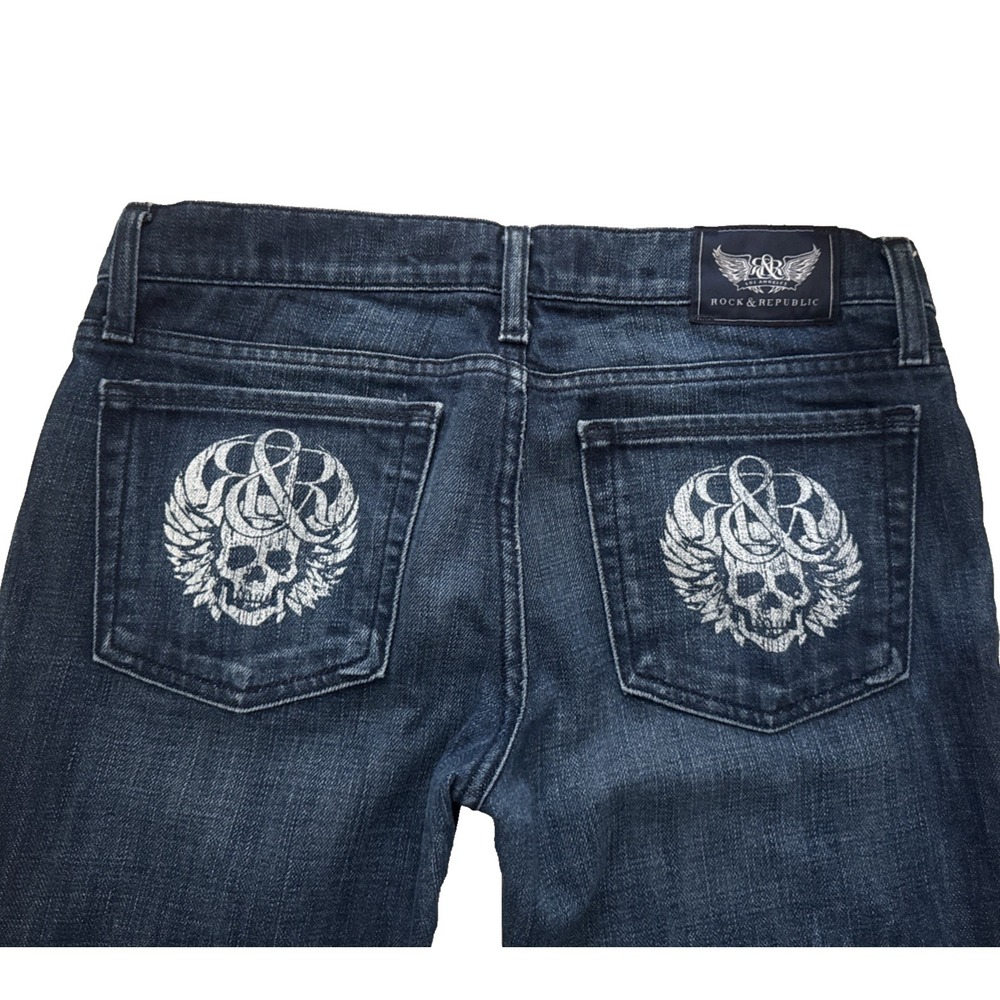 Rock & Republic selvaged Woman's Skull Jeans 28 Straight Leg Dark hemmed